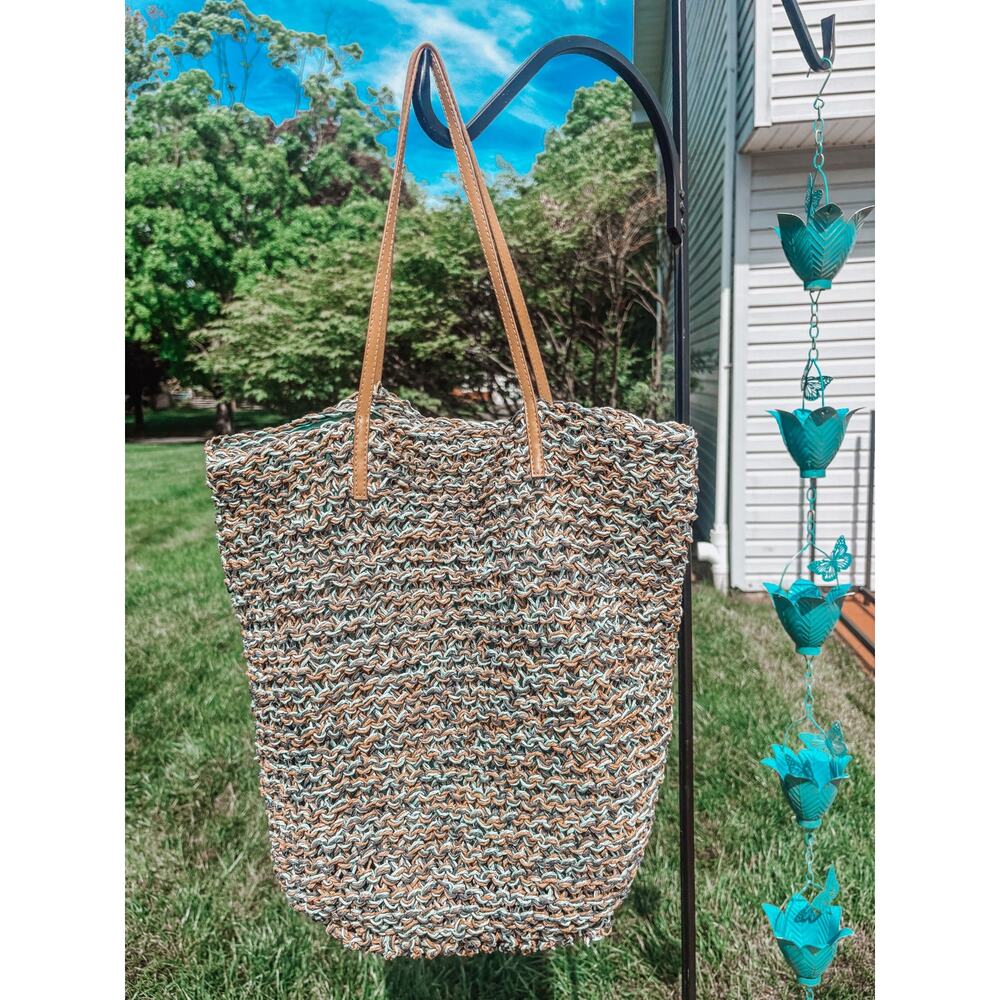 Slouchy Straw Beach Bag Teal Tan Boho Cottagecore Farmers Market